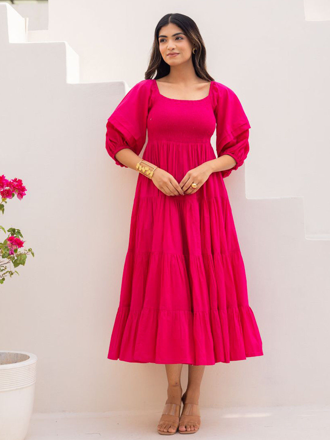 Ambraee Hot Pink Tiered Cotton Fit & Flare Midi Dress