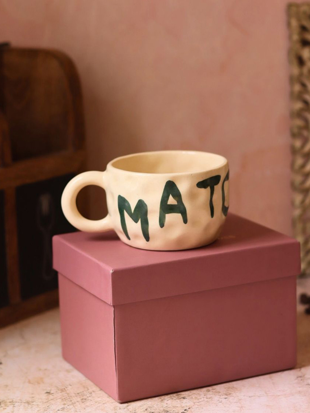 WEAVING HOMES White & Blue Matcha Printed Ceramic Glossy Mug With Gift Box-180 ml