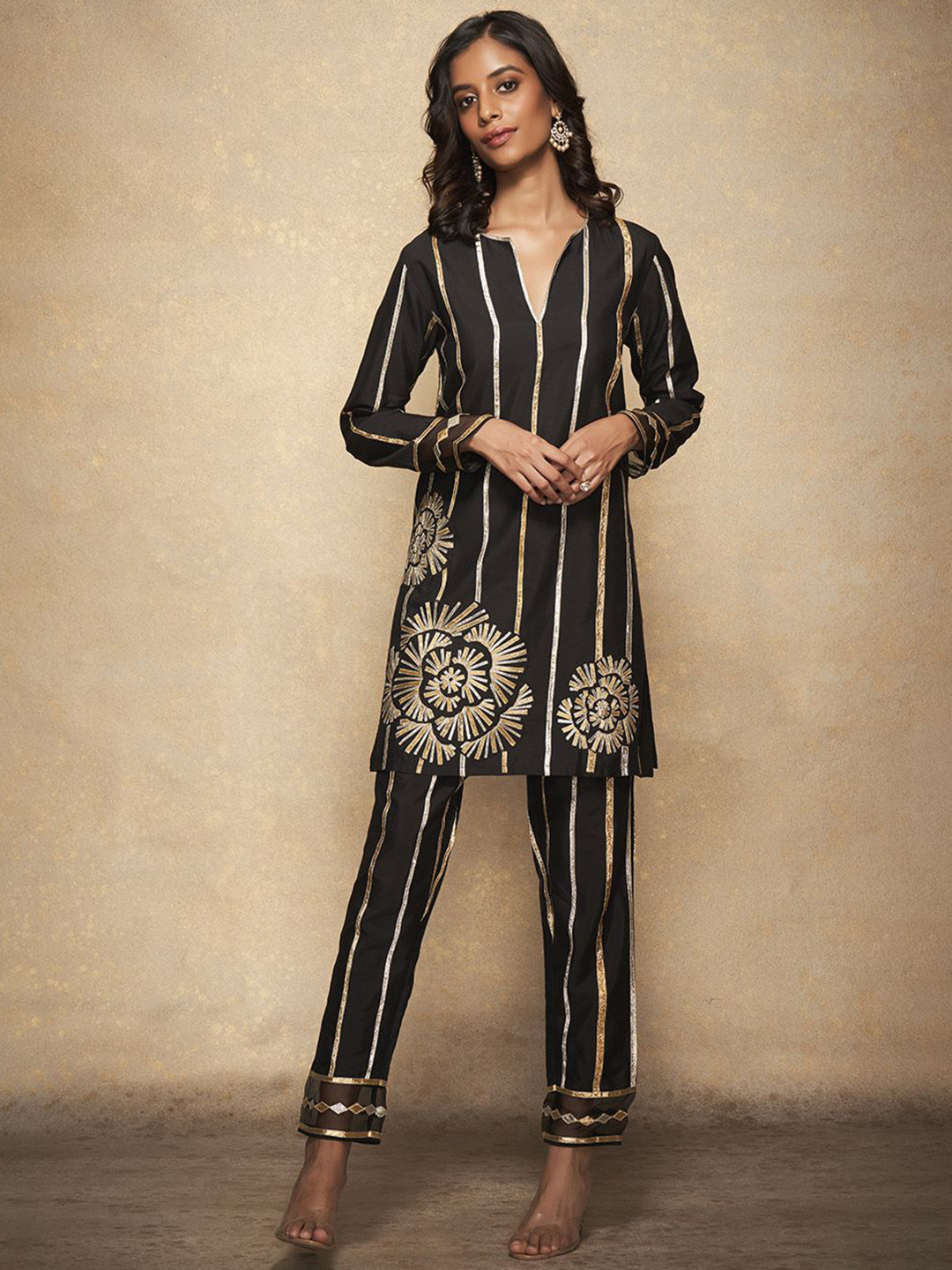 Gulabo by Abu Sandeep Women Striped Relaxed Straight Leg Gota Pencil Trousers