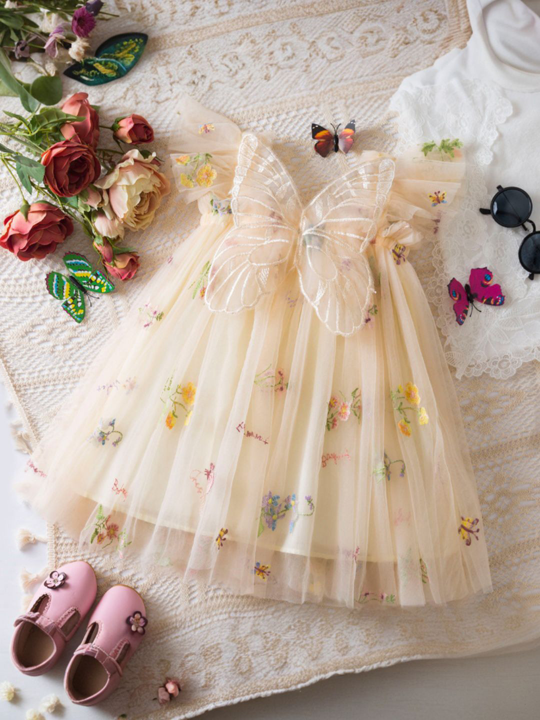 INCLUD Girls Floral Embroidered Tulle Square Neck A-Line Dress With Applique Butterfly