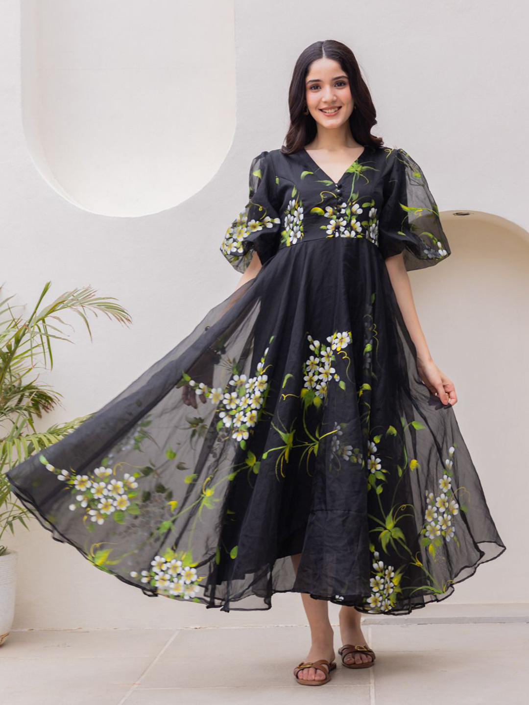 Ambraee Black Organza Floral Fit & Flare Dress