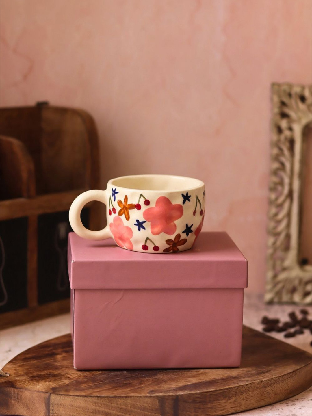 WEAVING HOMES White & Green Floral Printed Ceramic Glossy Mug With Gift Box-180 ml