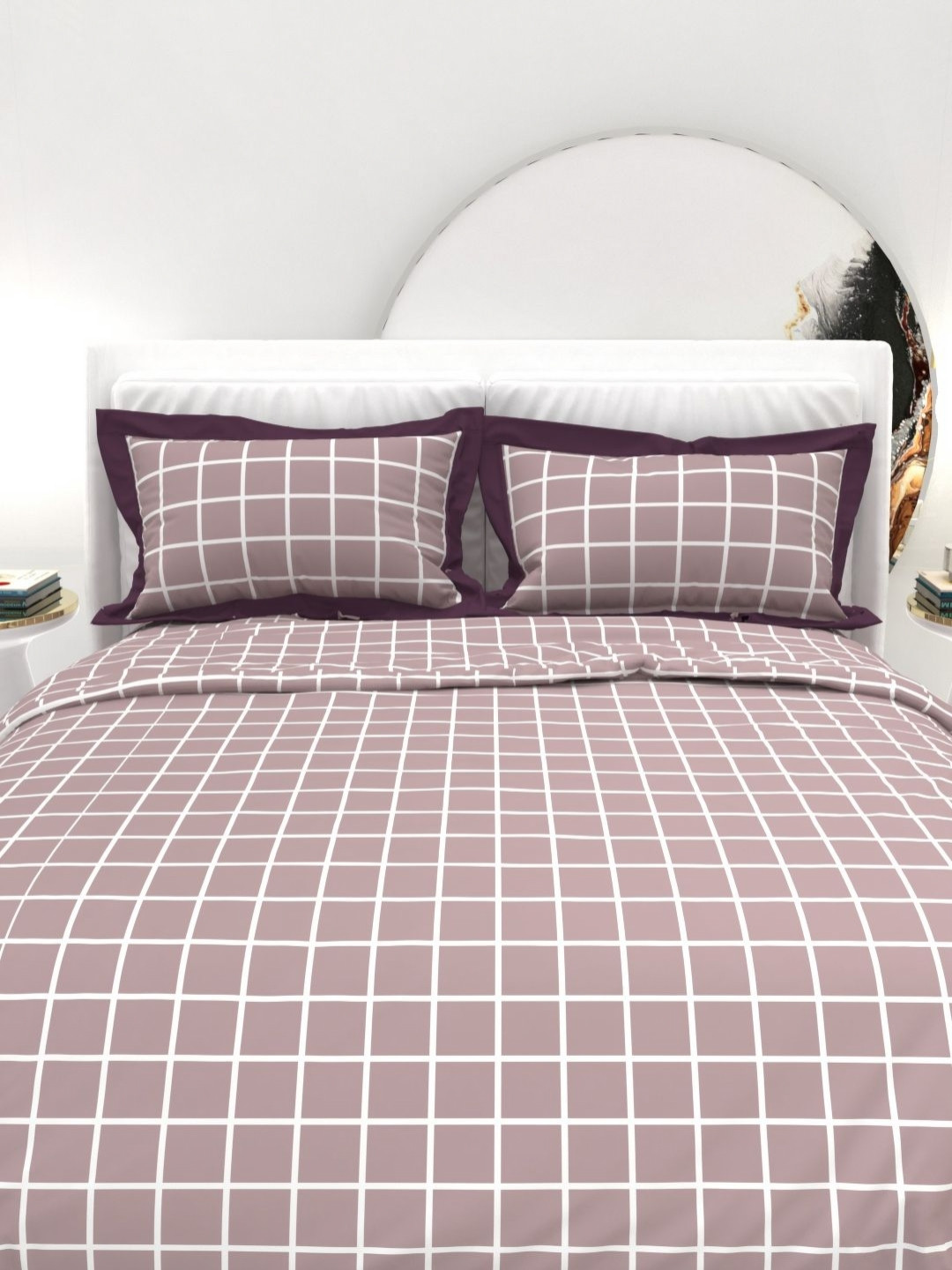 THE WHITE MOSS Tan & White Printed Cotton 300 TC King Bedsheet Set-2.75 m x 2.75 m