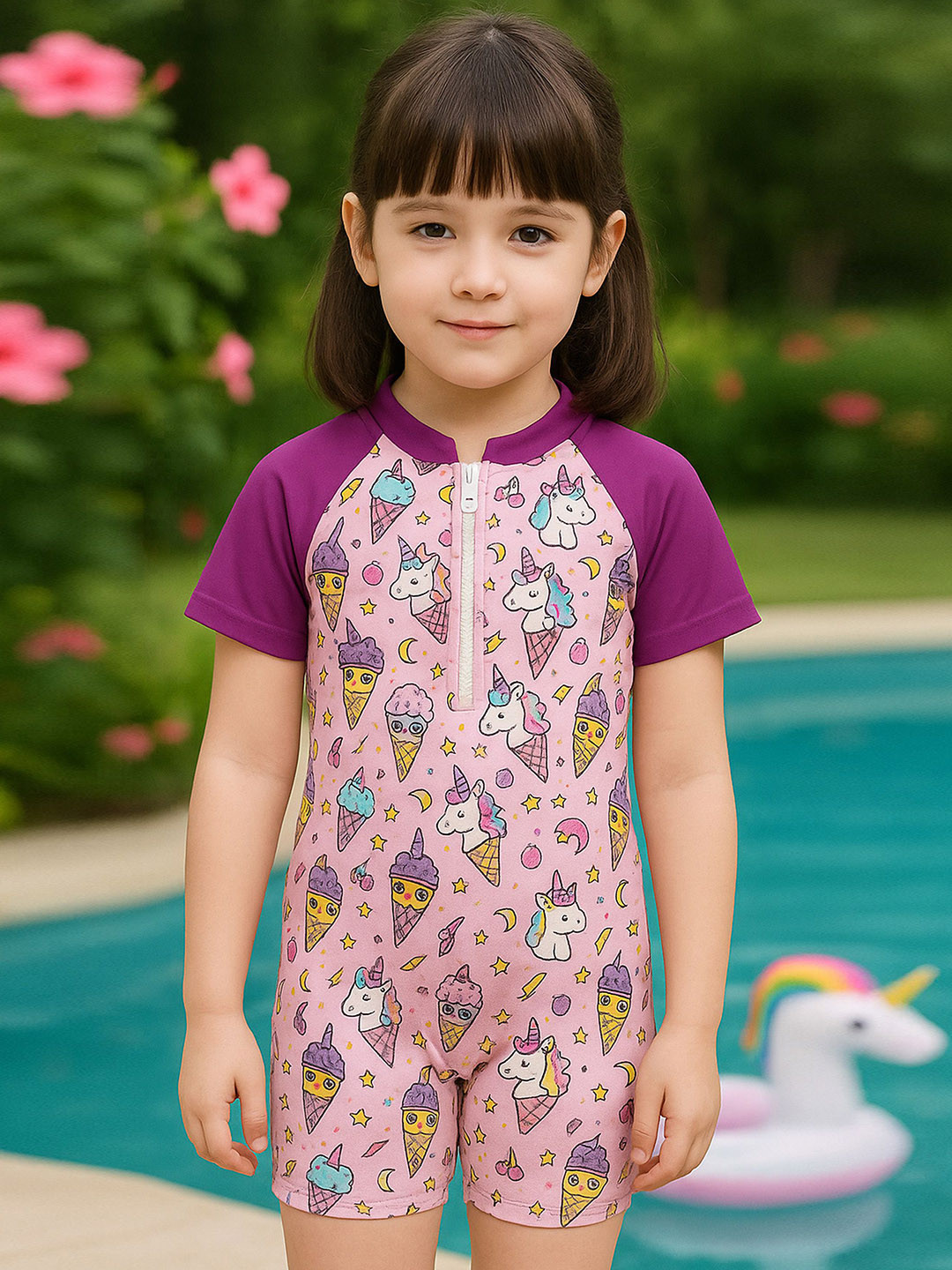 bubble berry Girls Ice Cream Printed Swim Legsuit