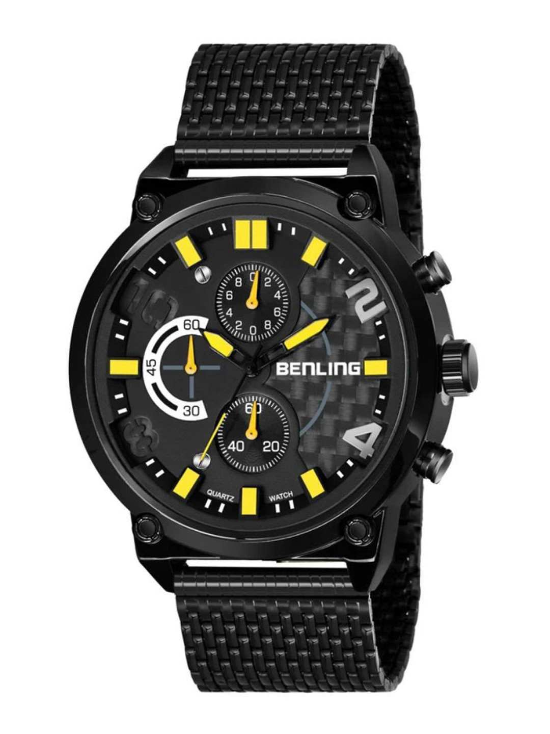 BENLING Men Stainless Steel Analogue Watch BL-1009-BLK-YLW-MESH