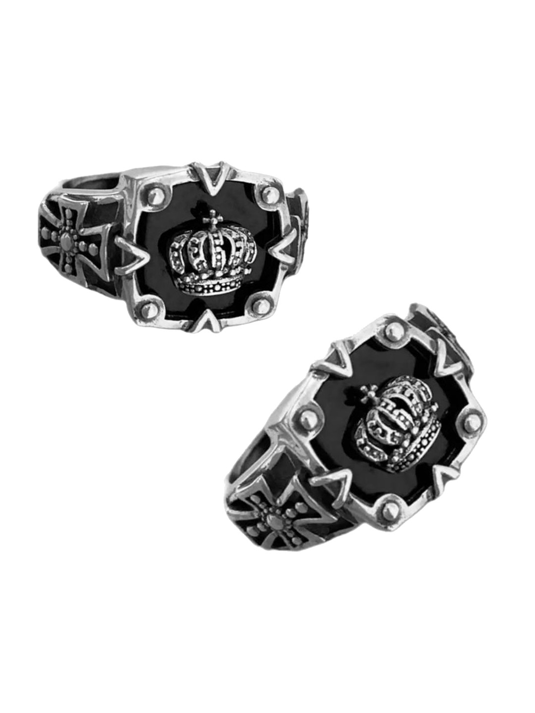 VS Unique Collection Unisex Set Of 2 Stainless Steel Silver-Plated Crown Finger Ring