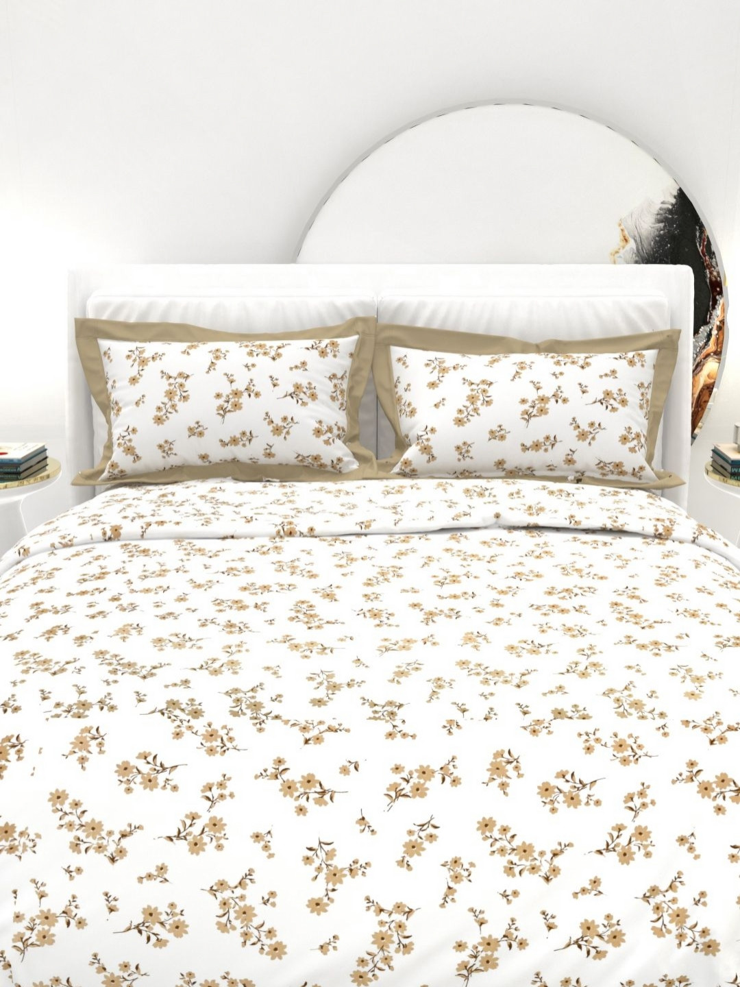 THE WHITE MOSS White & Brown Floral Cotton 300 TC King Bedsheet Set-2.75 m x 2.75 m