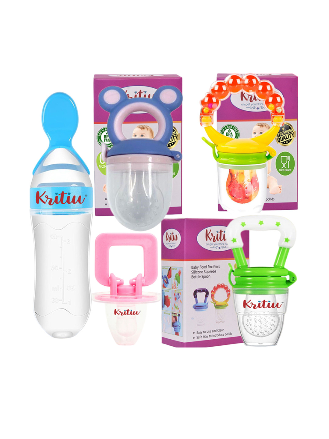Kritiu 5Pcs Blue & Transparent Printed BPA-Free Silicone Food Feeders