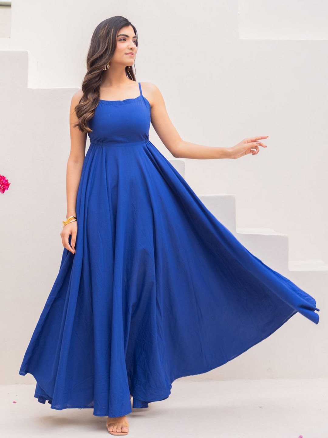 Ambraee Women Ocean Blue Cotton Solid Maxi Dress