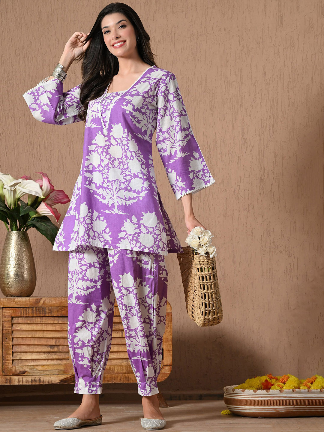 Laado - Pamper Yourself Floral Printed Square Neck Pure Cotton A-line Kurta With Salwar