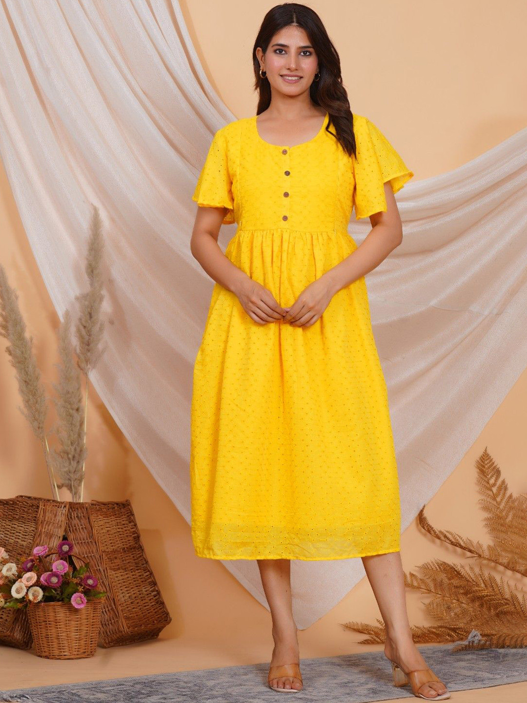 MomsBae Women Flared Sleeve Schiffli Cotton Fit & Flare Midi Dress