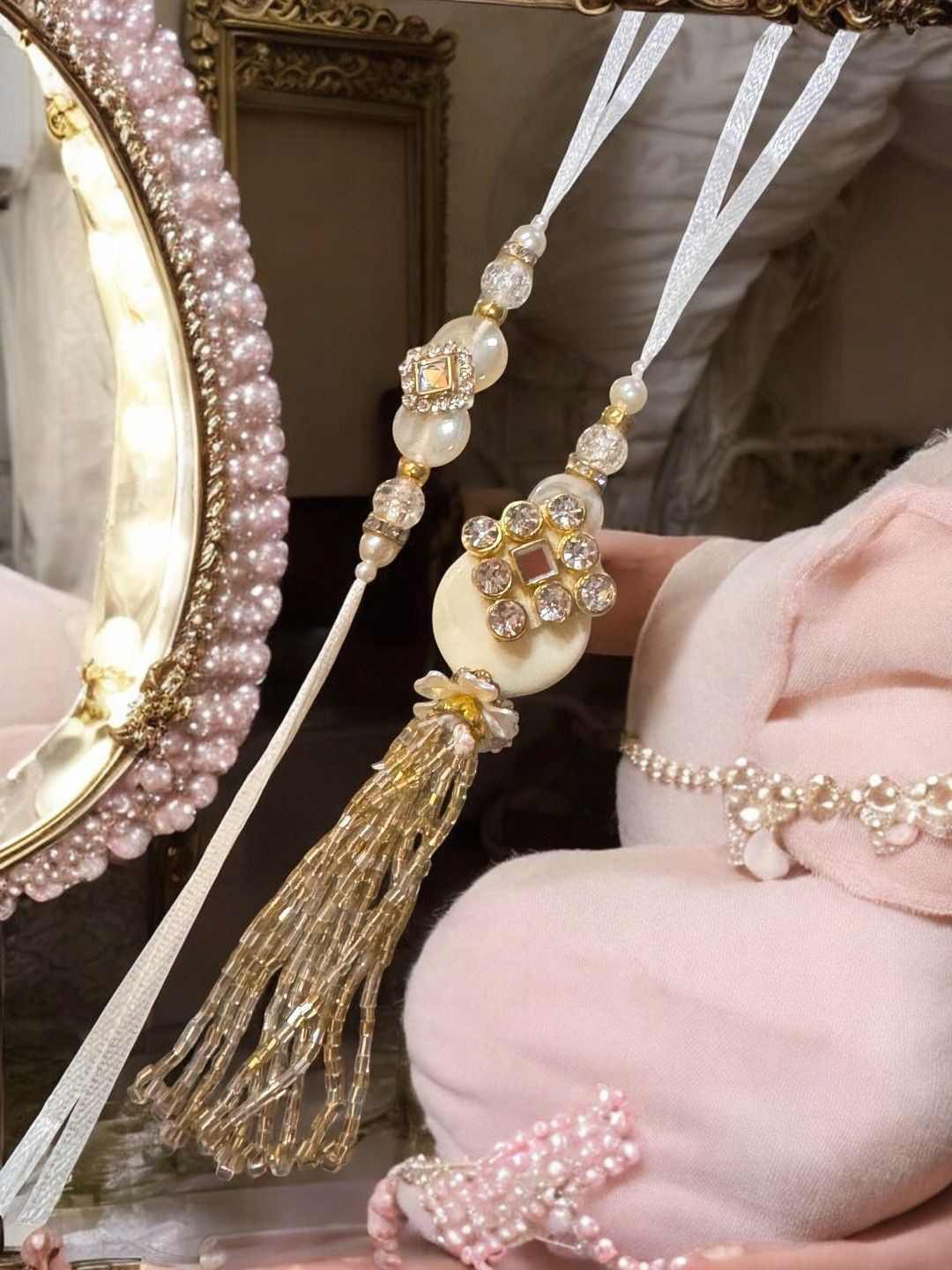 ANIKAS CREATION Crystal Studded & Pearls Beaded Floral Bhaiya Bhabhi Rakhi