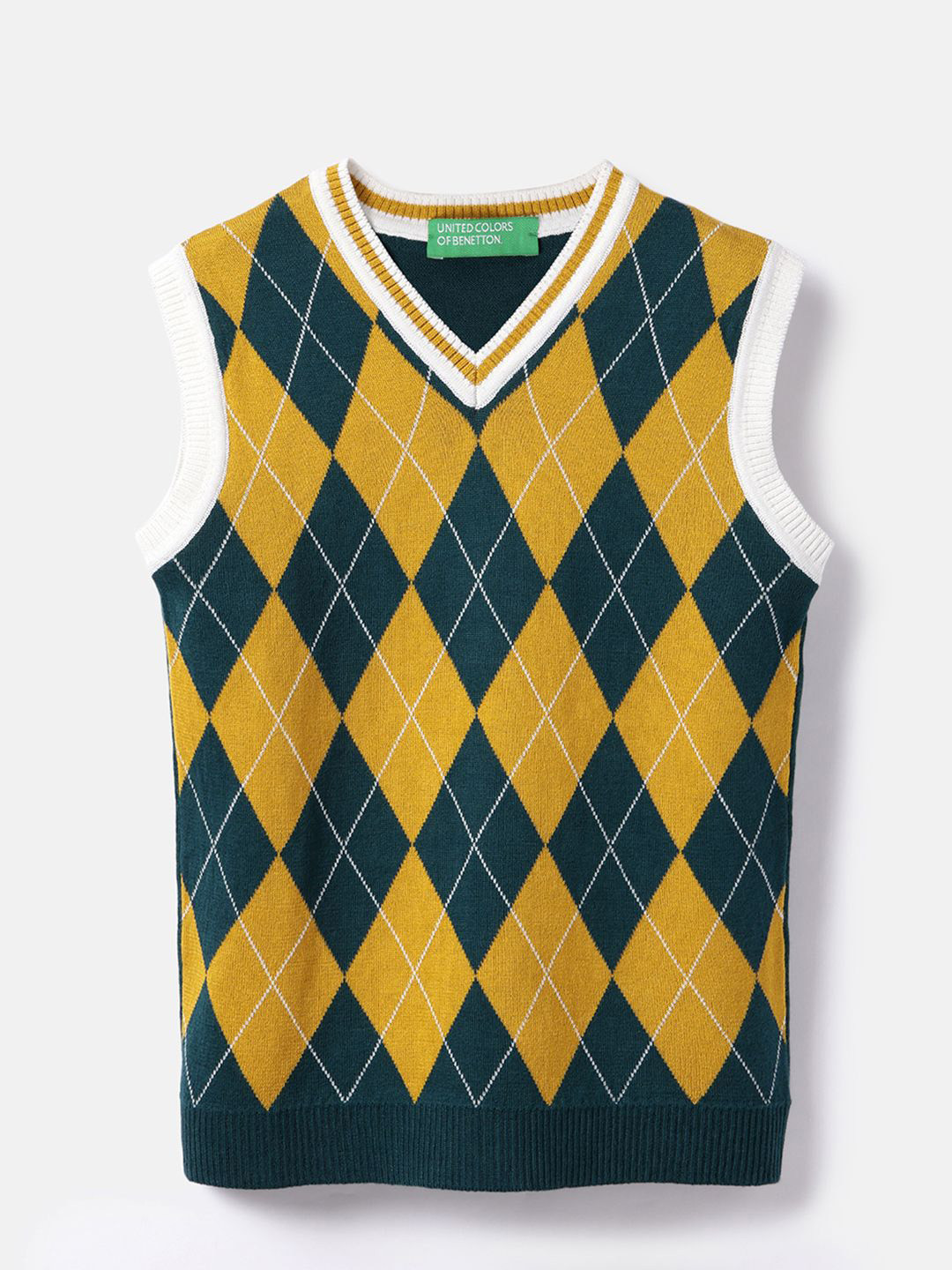 United Colors of Benetton Boys Geometric Printed Regular Fit V-Neck Argyle Sweater Vest