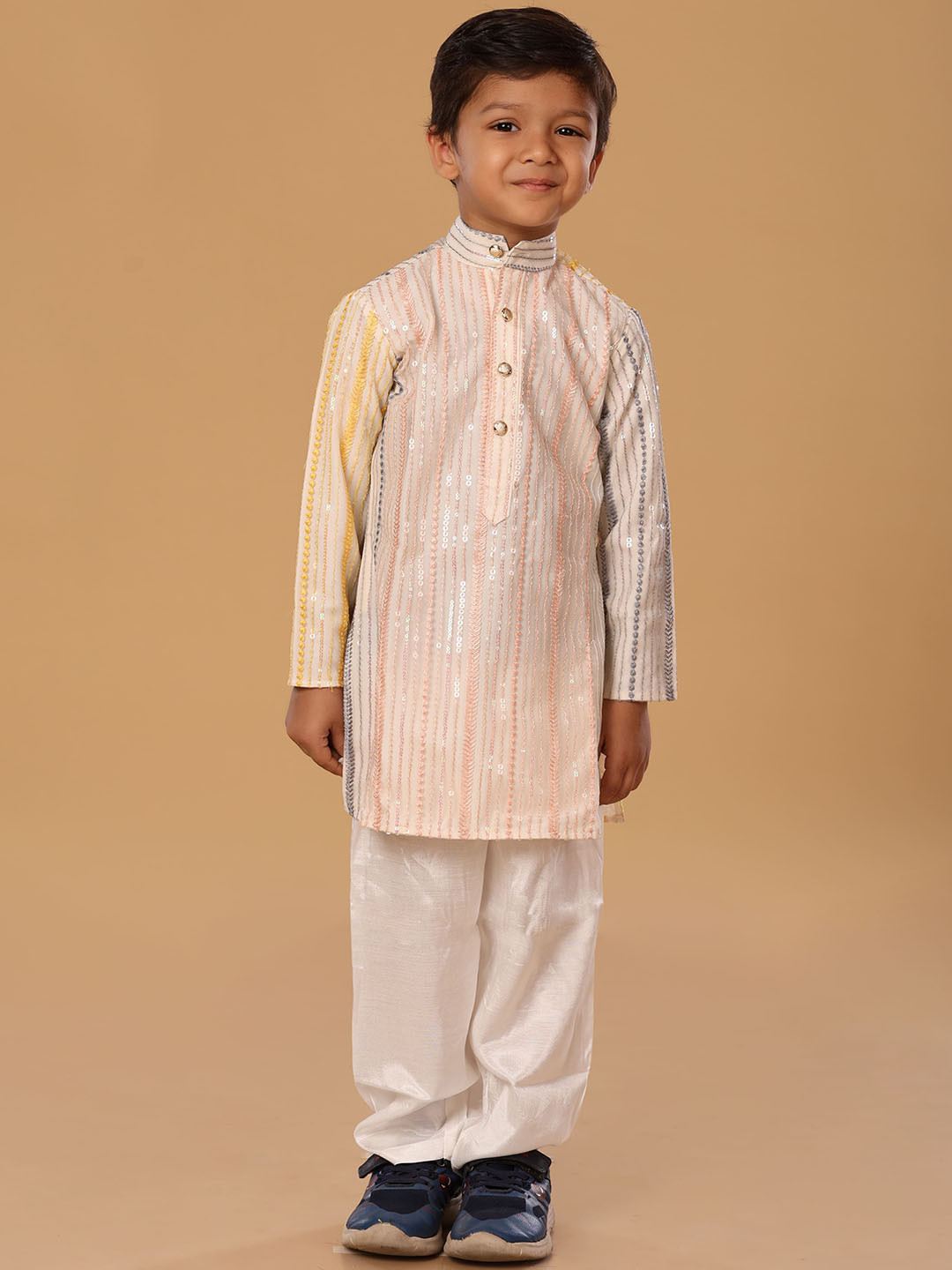 The Mini Trunk Peach Net Work Kurta Set