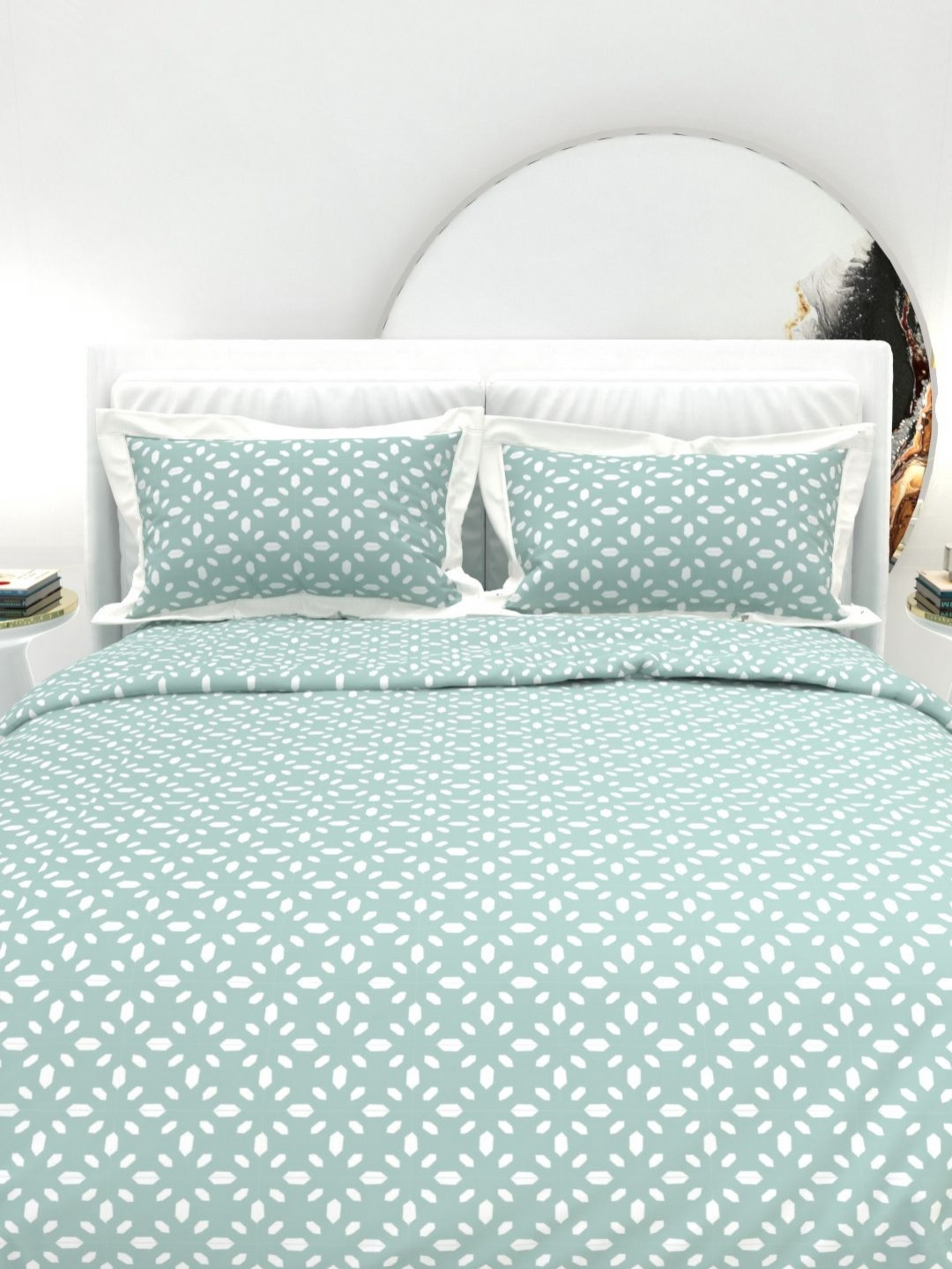 THE WHITE MOSS Green And White Printed Cotton 300 TC King Bedsheet Set-2.75 m x 2.75 m