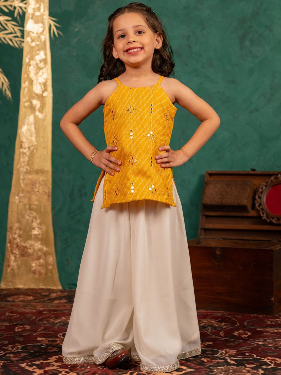 Jilmil Girls Embroidered Mirror Work Kurti with Palazzos
