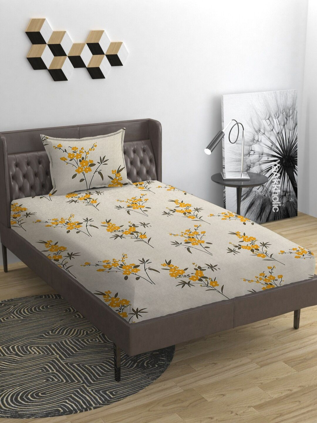 YaAkholic White & Yellow Printed Microfiber 210 TC Single Bedsheet Set - 2.23 m x 1.45 m