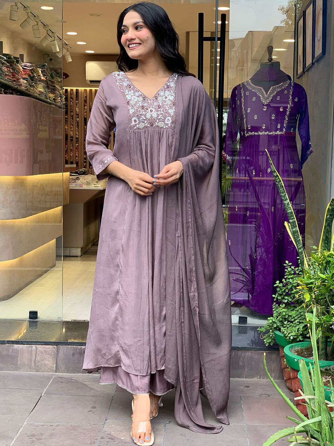 Moda Rapido Floral Yoke Design Zardozi Work V-Neck Anarkali Kurta With Palazzos & Dupatta