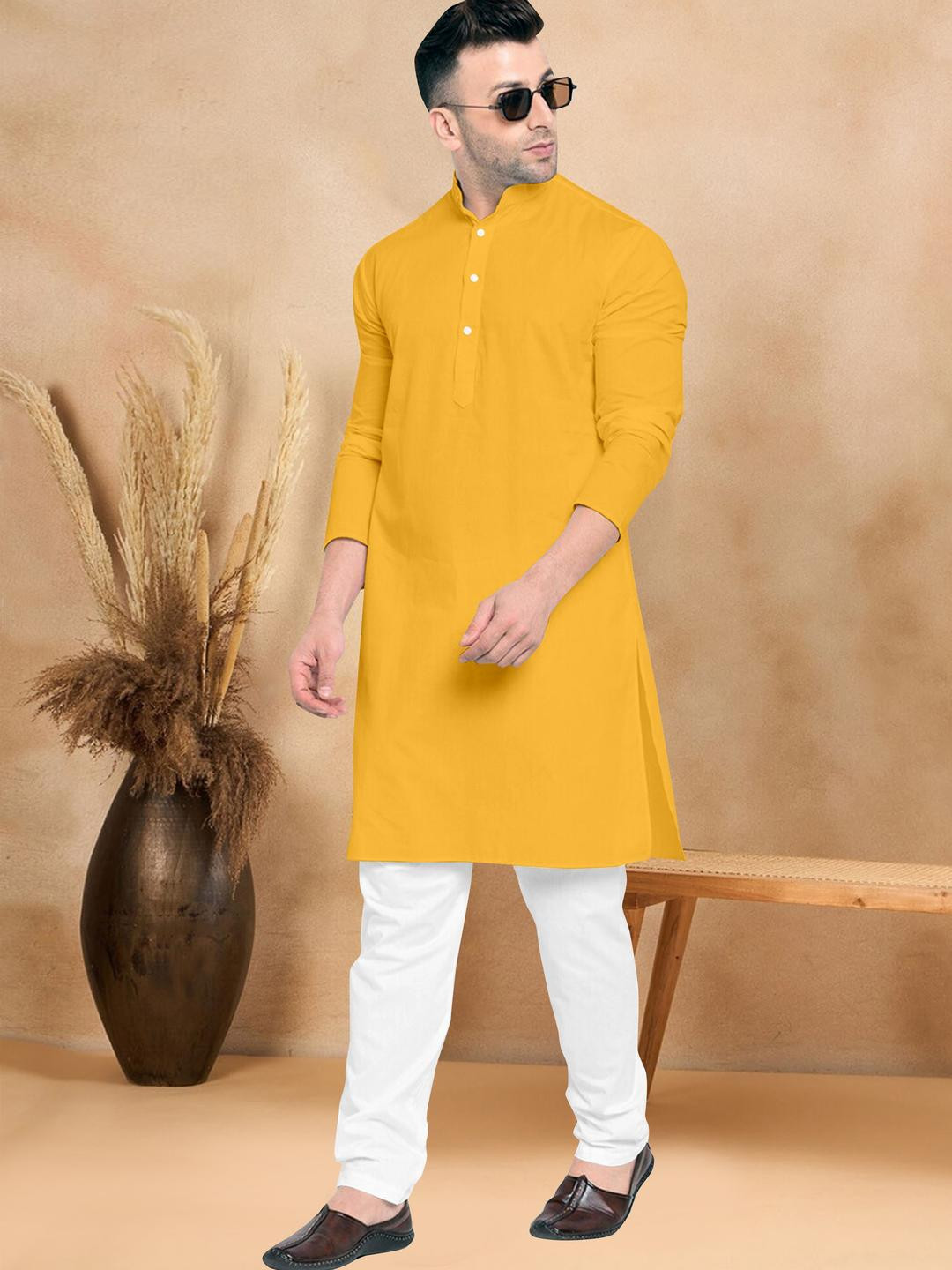 VS MALL Mustard Cotton Blend Kurta Sets