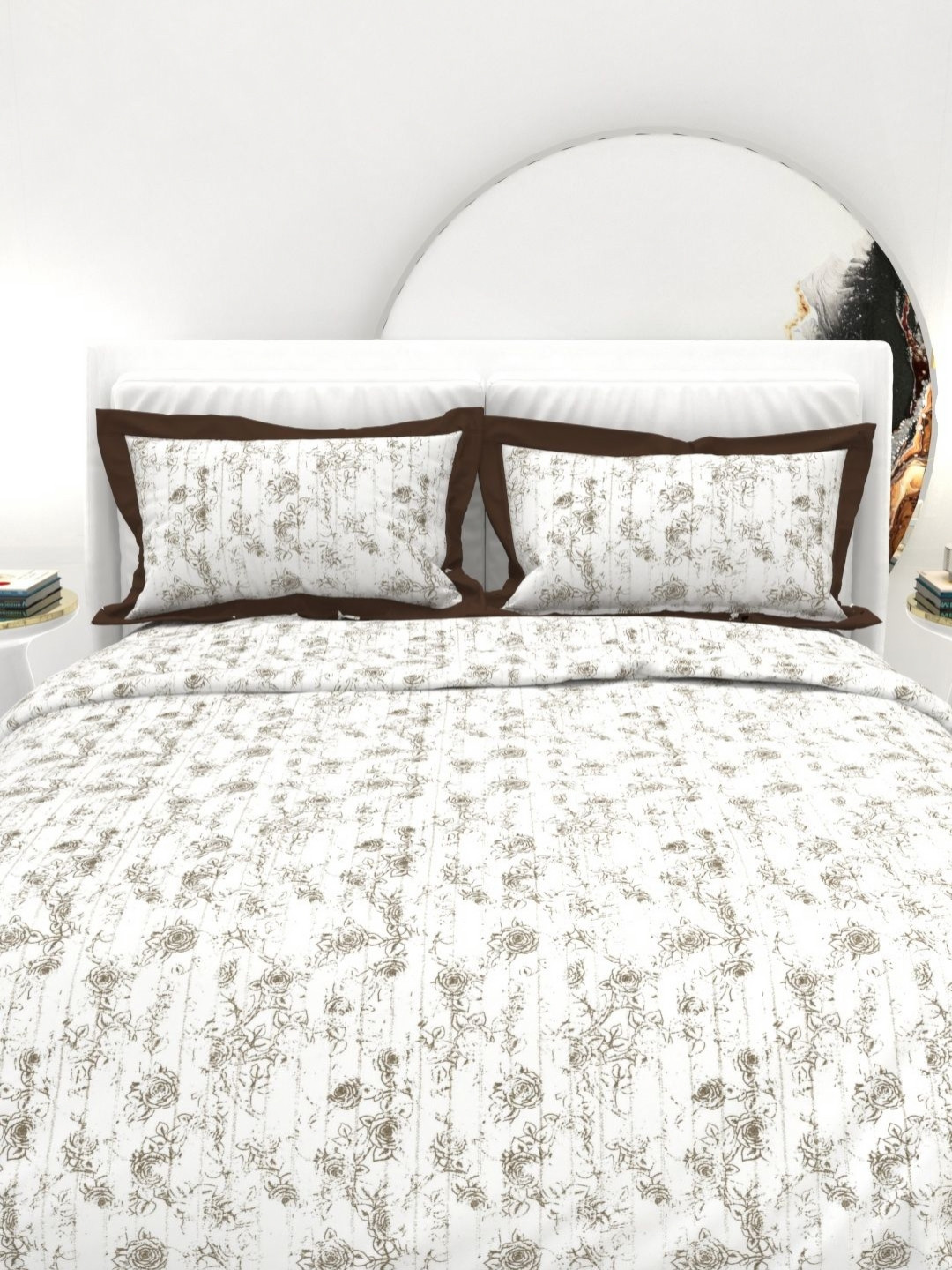 THE WHITE MOSS White & Brown Abstract Cotton 300 TC King Bedsheet Set-2.75 m x 2.75 m