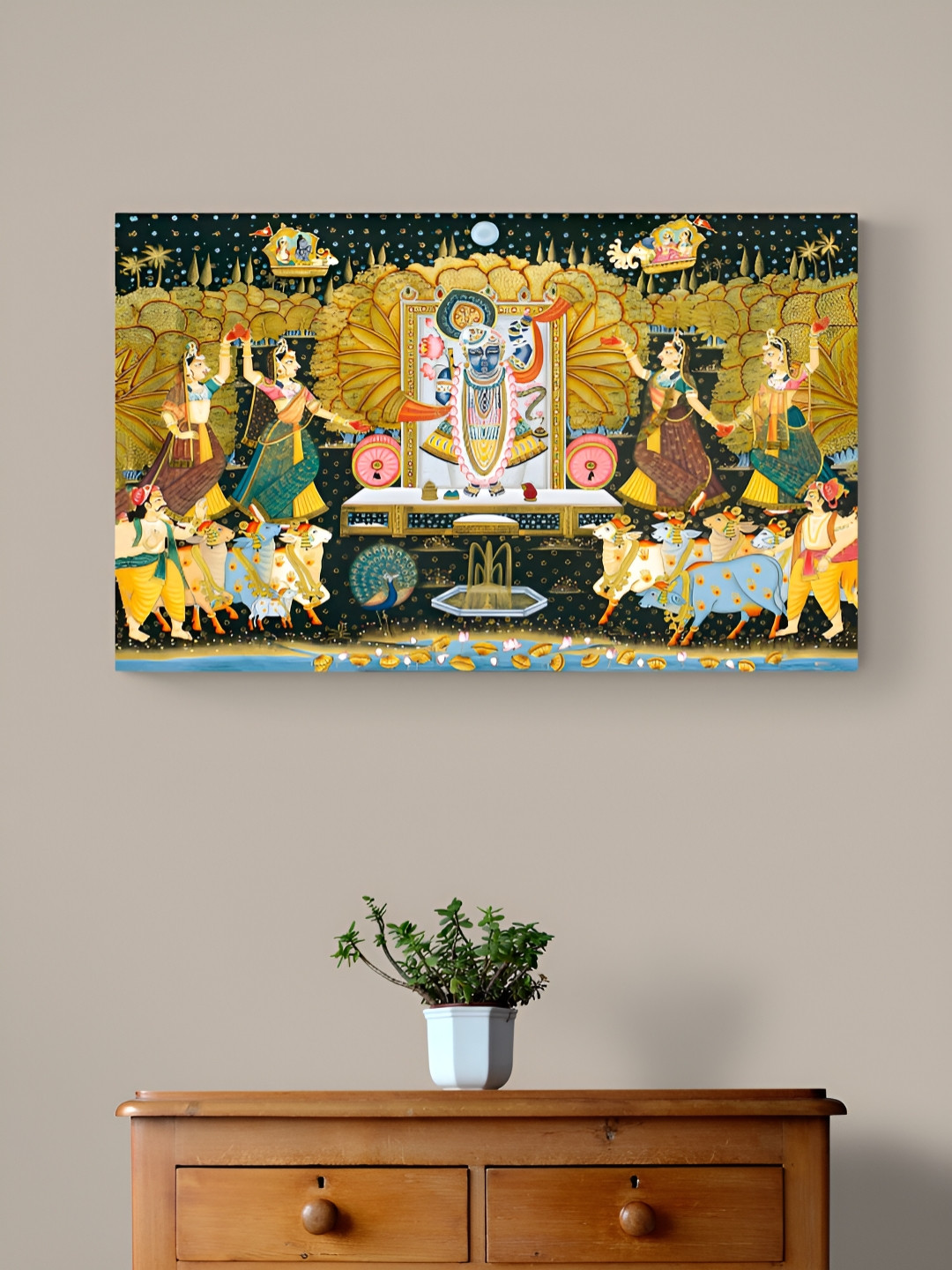 Tushaco Handicrafts Yellow & Black Shrinath Ji Printed Religious Canvas Wall Art