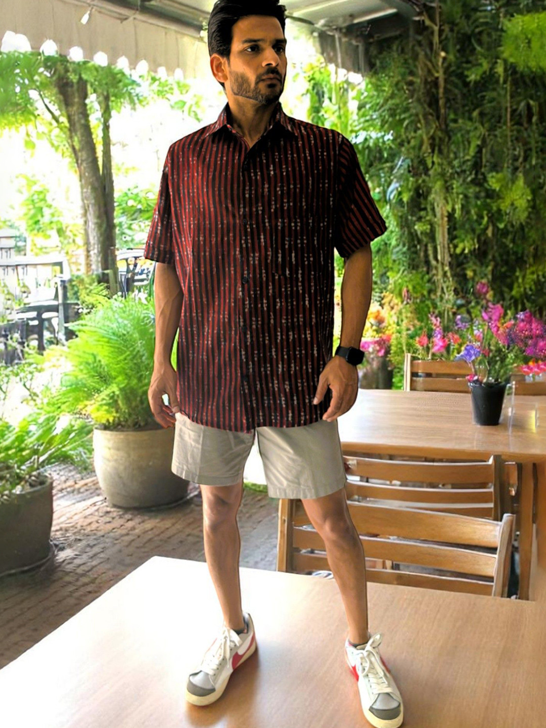 PRETANSHAH Stripe Hand block Printed Short Sleeves Cotton Shirt