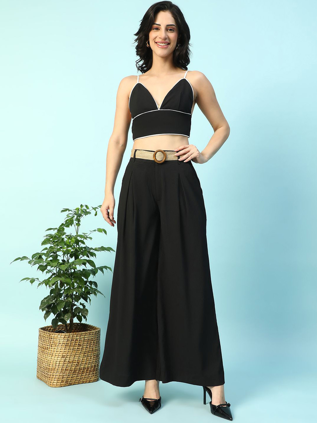 Oxolloxo V-Neck Crop Top With Palazzos Co-Ords Set with Belt