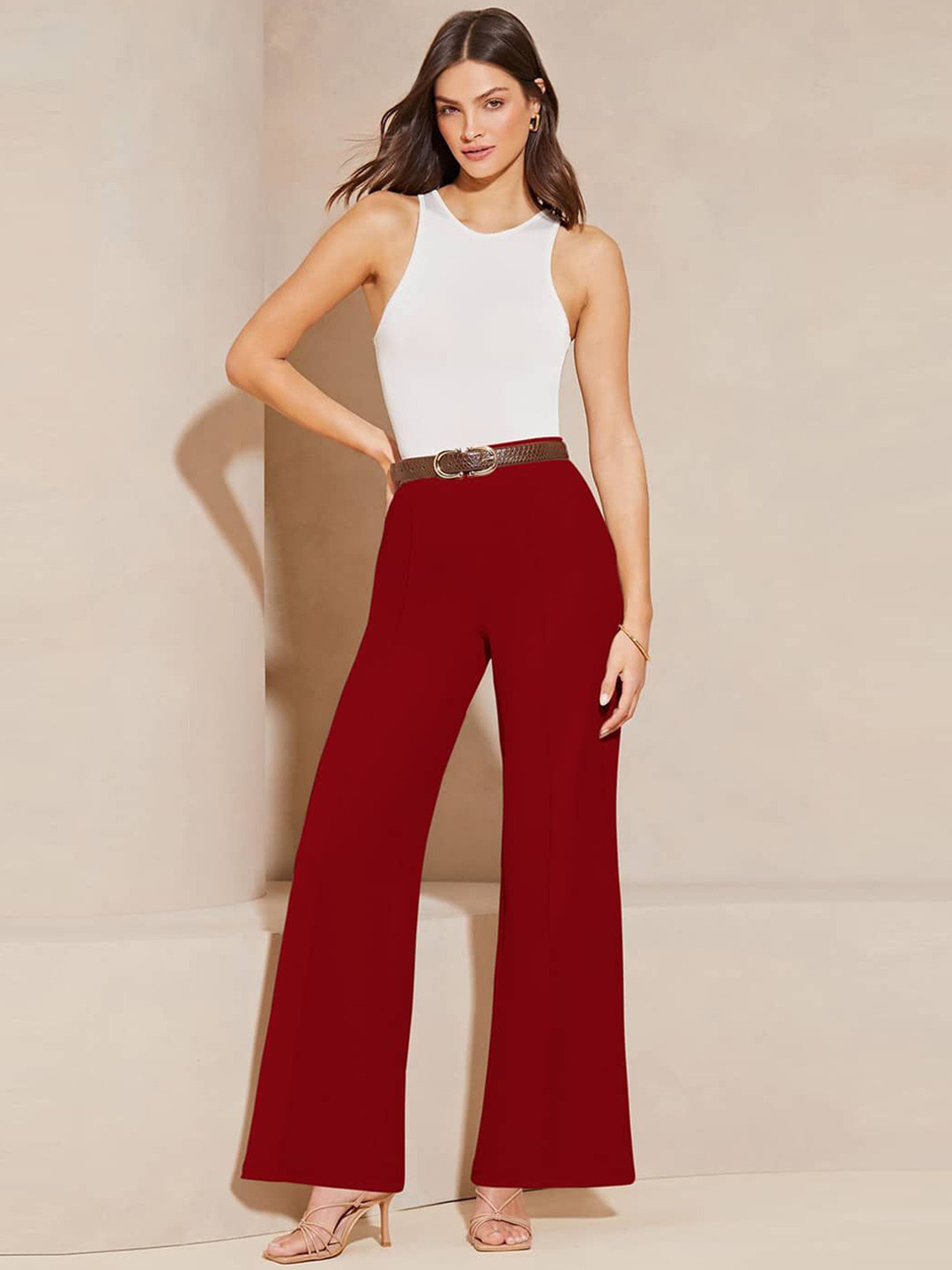SWADESI STUFF Women Relaxed Fit Maroon Wide Leg Trousers