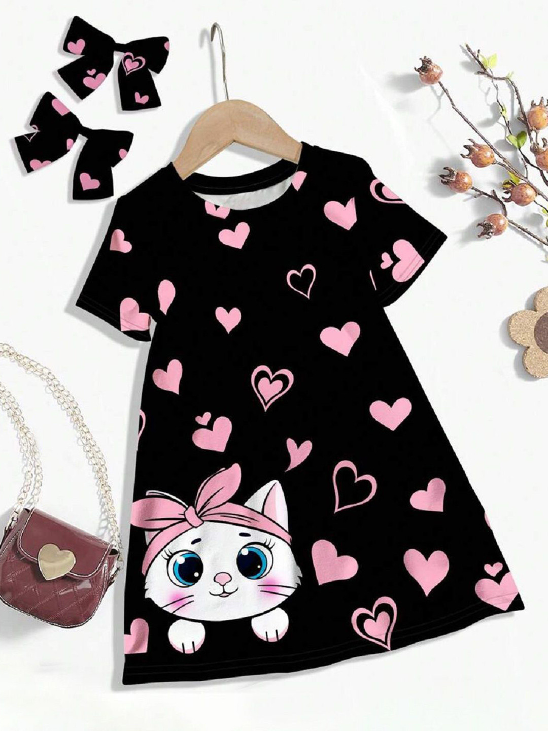 Miss & Chief Girls Round Neck Heart Print Shift Dress