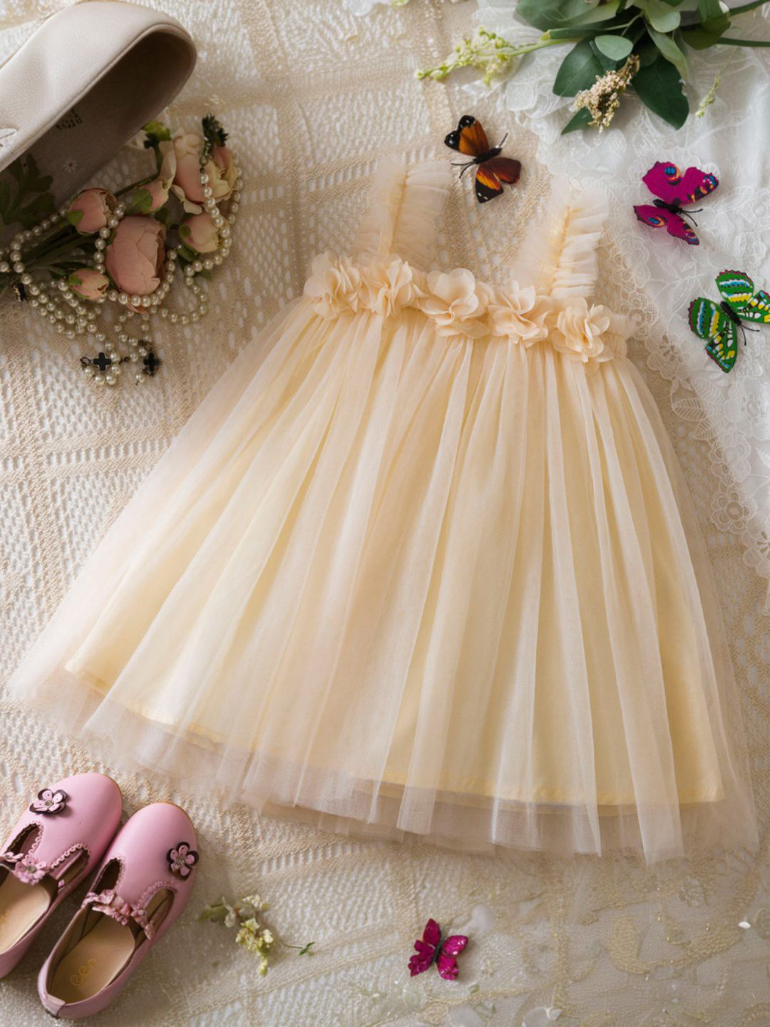 INCLUD Girls Apricot Flowers Appliqued Sleeveless Tulle Overlay A-line Dress