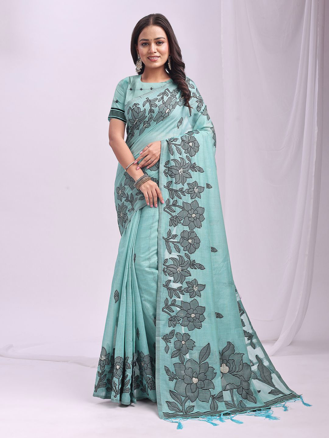Pandadi Saree Floral Linen Blend Designer Sarees