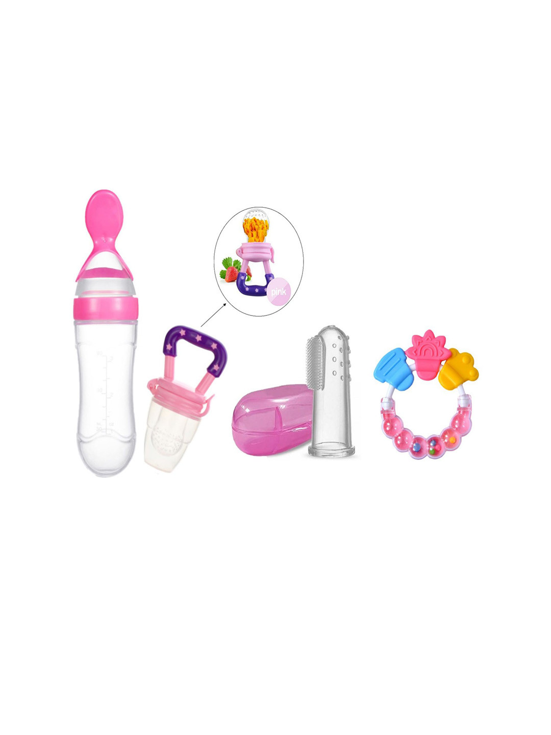 Kritiu Kids Food Feeder & Finger brush & Rattle & Food Nibbler & Rattle Teether- Pink