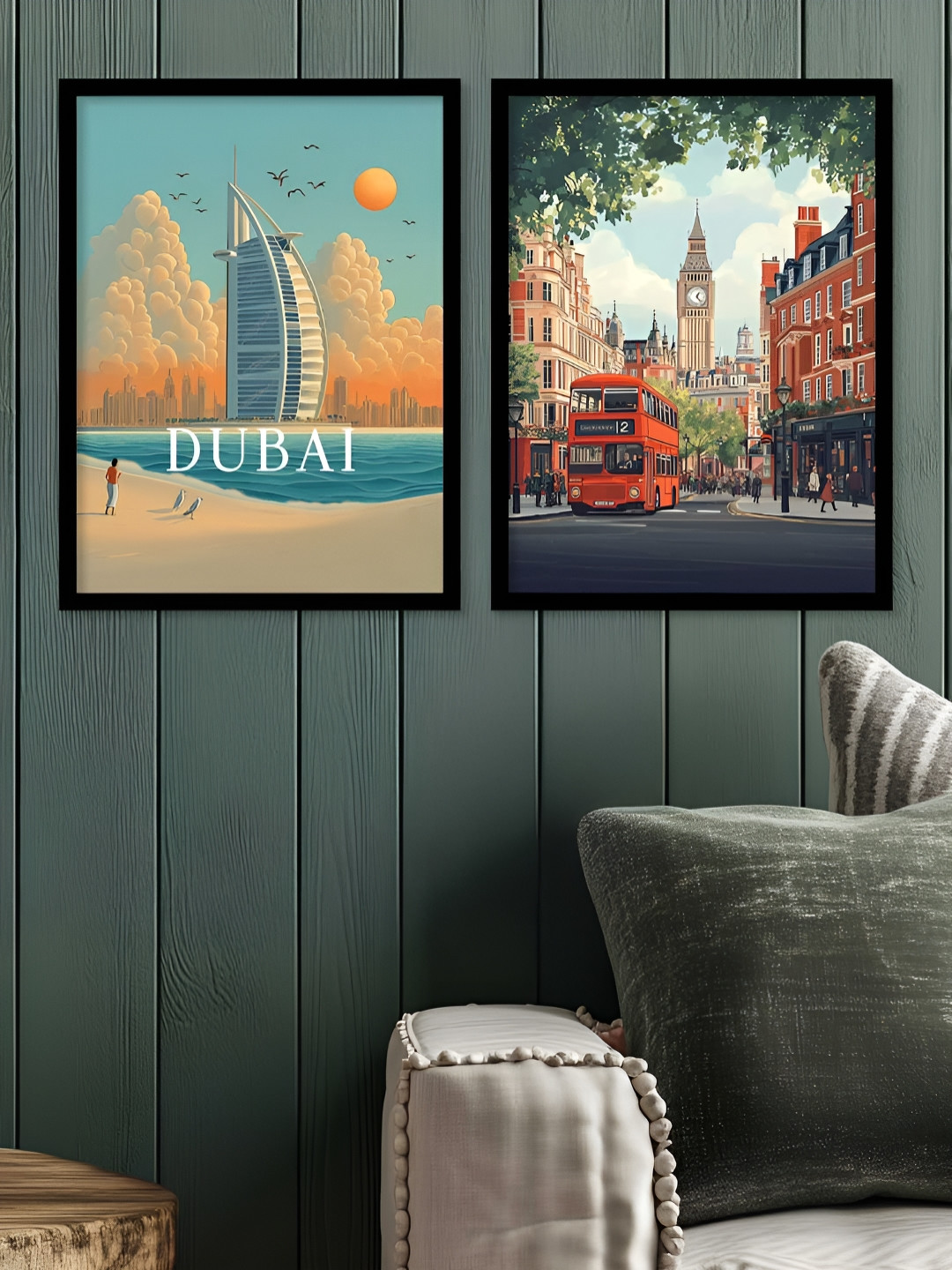Kotart Black & Orange Colored 2 Pieces Cities Printed Wooden Wall Art