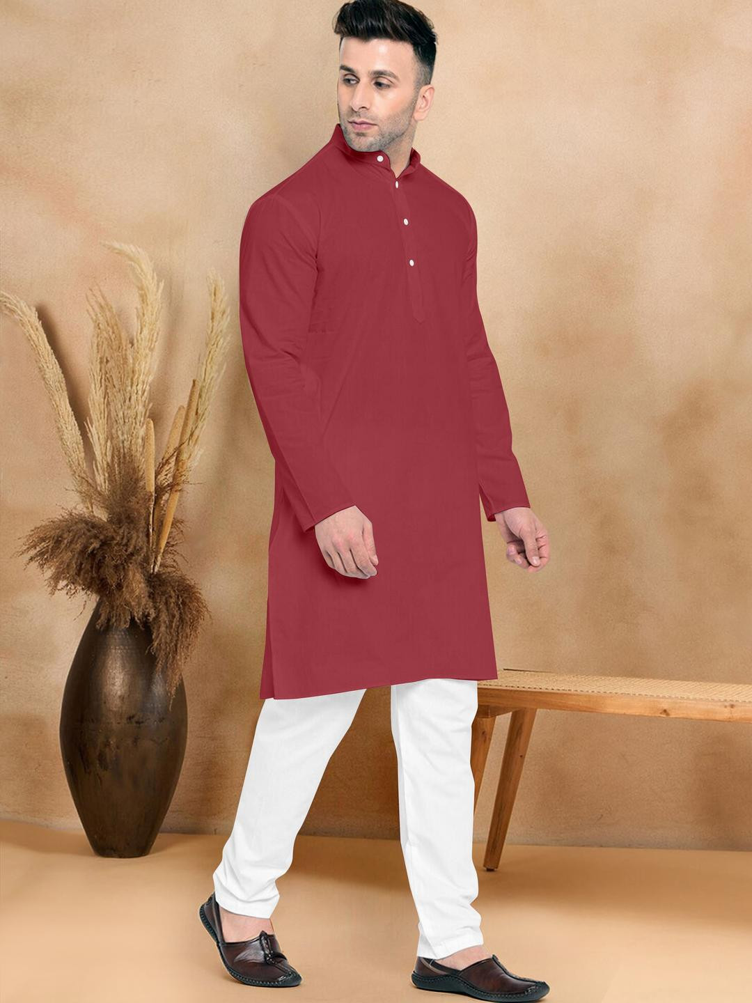 VS MALL Maroon Cotton Blend Kurta Sets