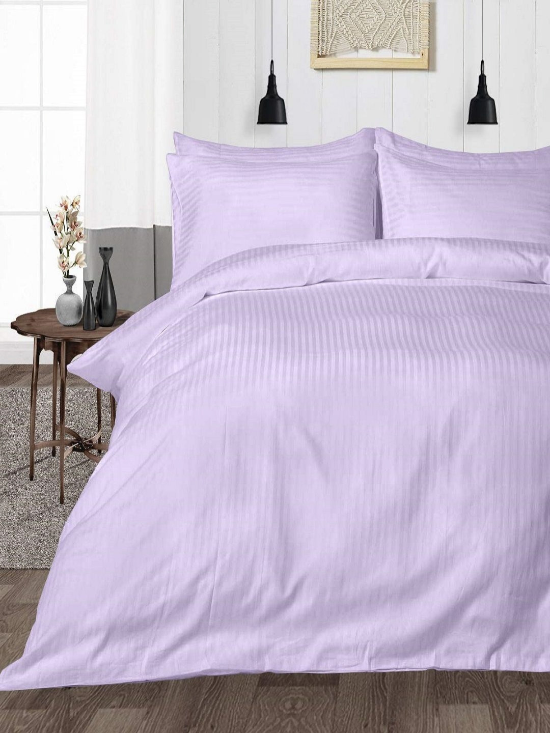 tundwal's Lavender Striped Printed Microfiber 210 TC King Bedsheet Sets - 2.23 m x 1.45 m