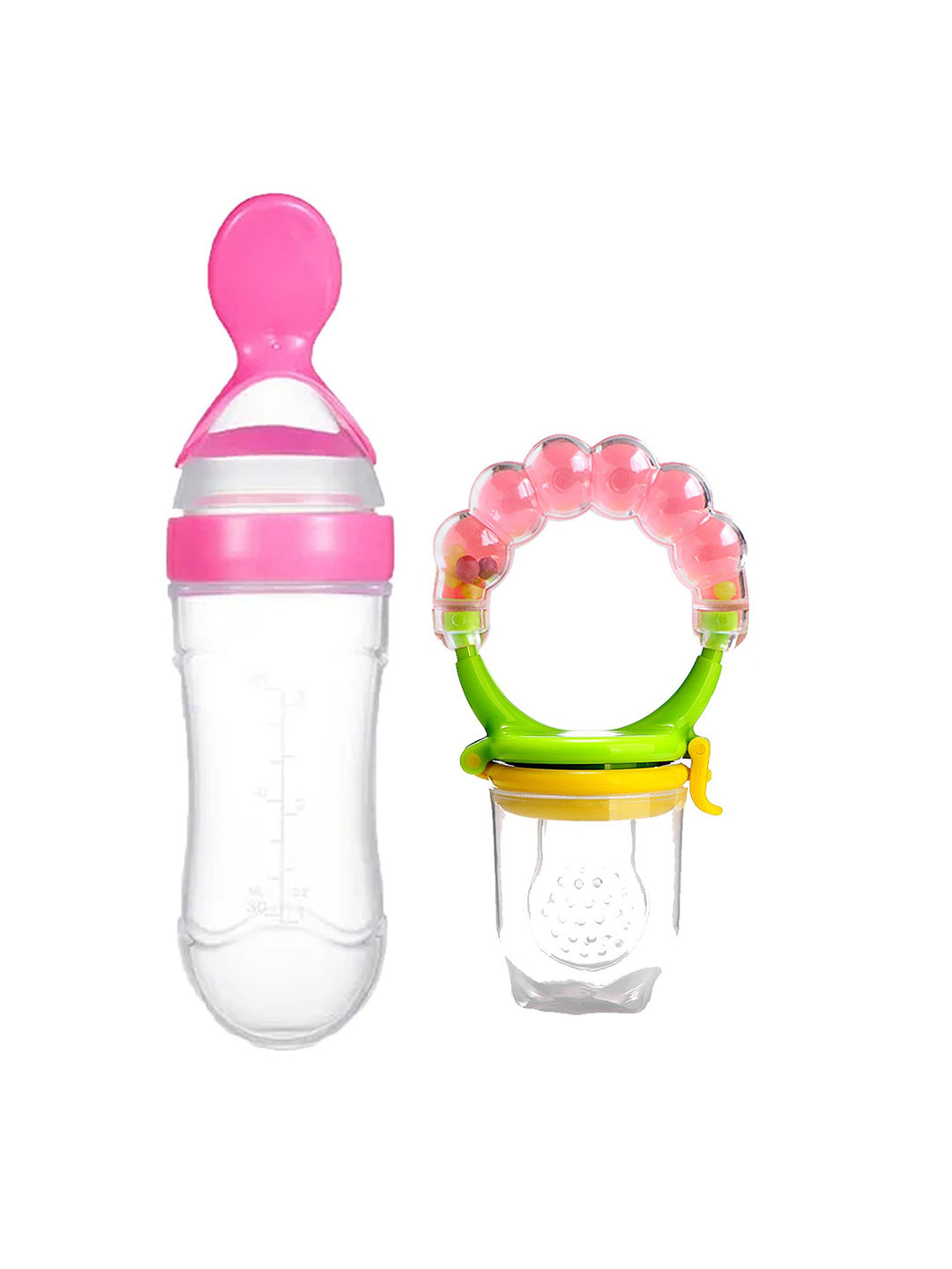 Joy Buzz Kids Set Of 2 Baby Squeezy Bottle & Rattle Fruit Nibbler Food Feeder - Pink