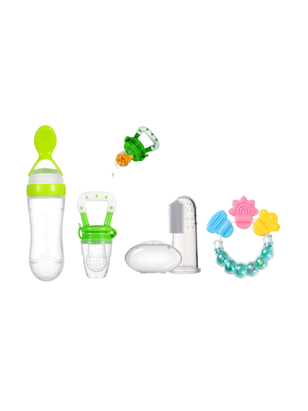 Kritiu Kids Food Feeder & Finger brush & Rattle & Food Nibbler & Rattle Teether- Green