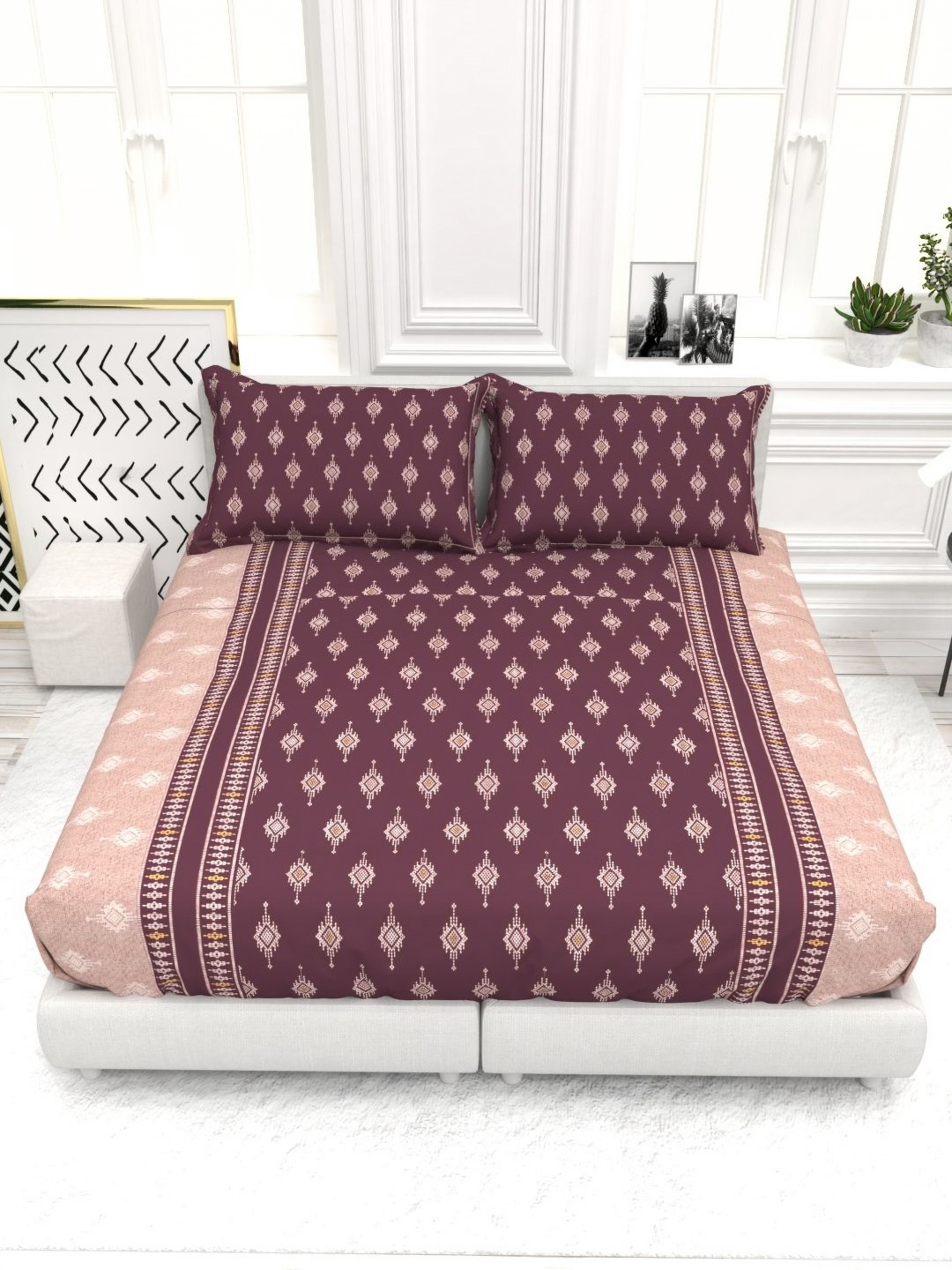 THE WHITE MOSS Pink & Purple Printed Cotton 250 TC King Bedsheet Set-2.75 m x 2.75 m