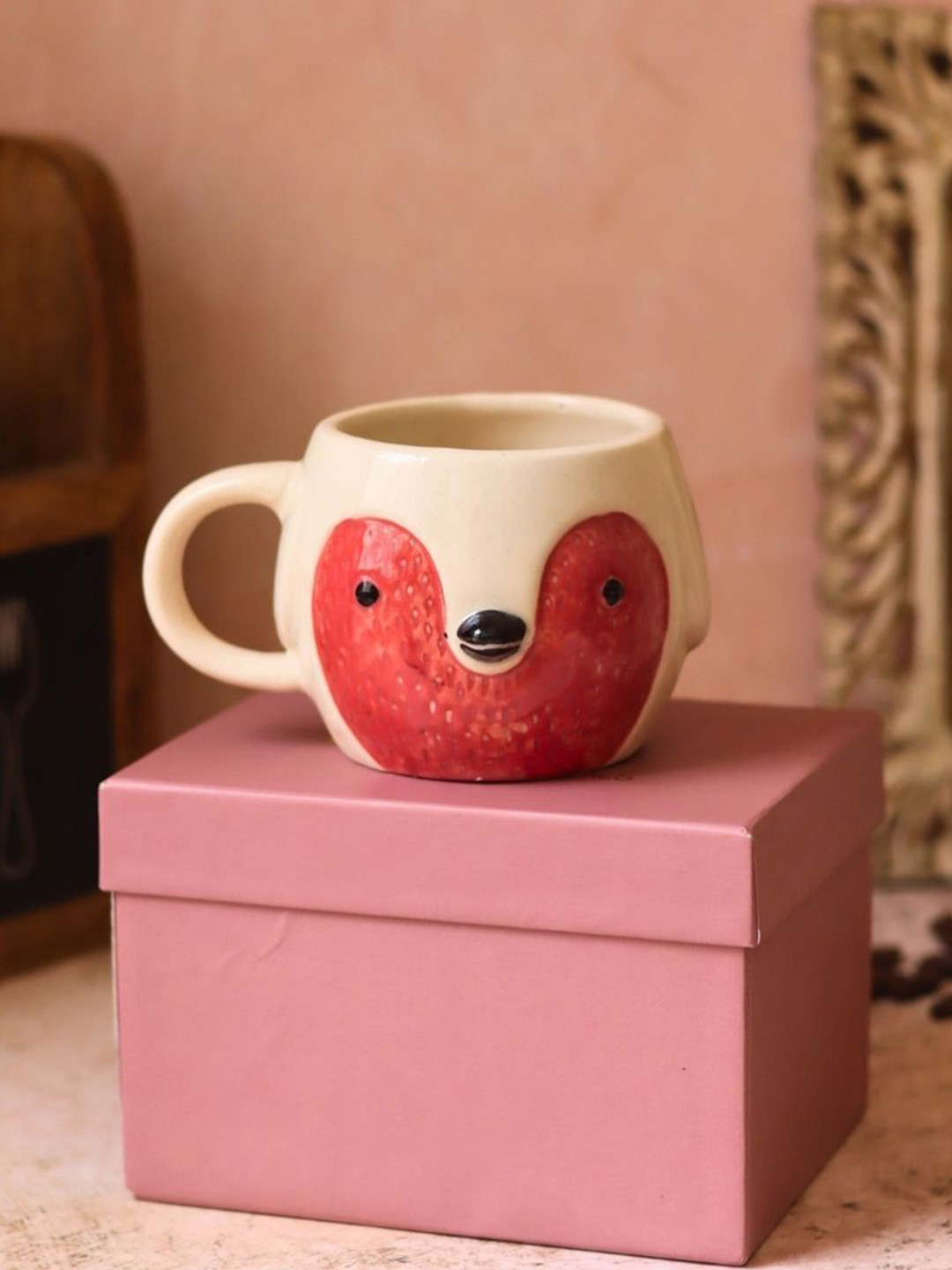 WEAVING HOMES Red & White Owl Printed Ceramic Glossy Mug With Gift Box-300 ml