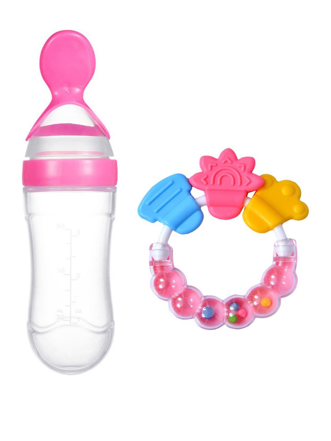 Kritiu Kids Squeezy Food Feeder Bottle With Spoon & Rattle Teether Pink - Blue - 90 ml