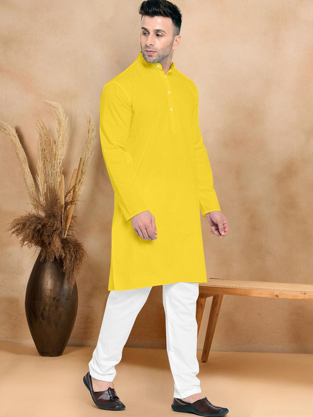 VS MALL Yellow Cotton Blend Kurta Sets