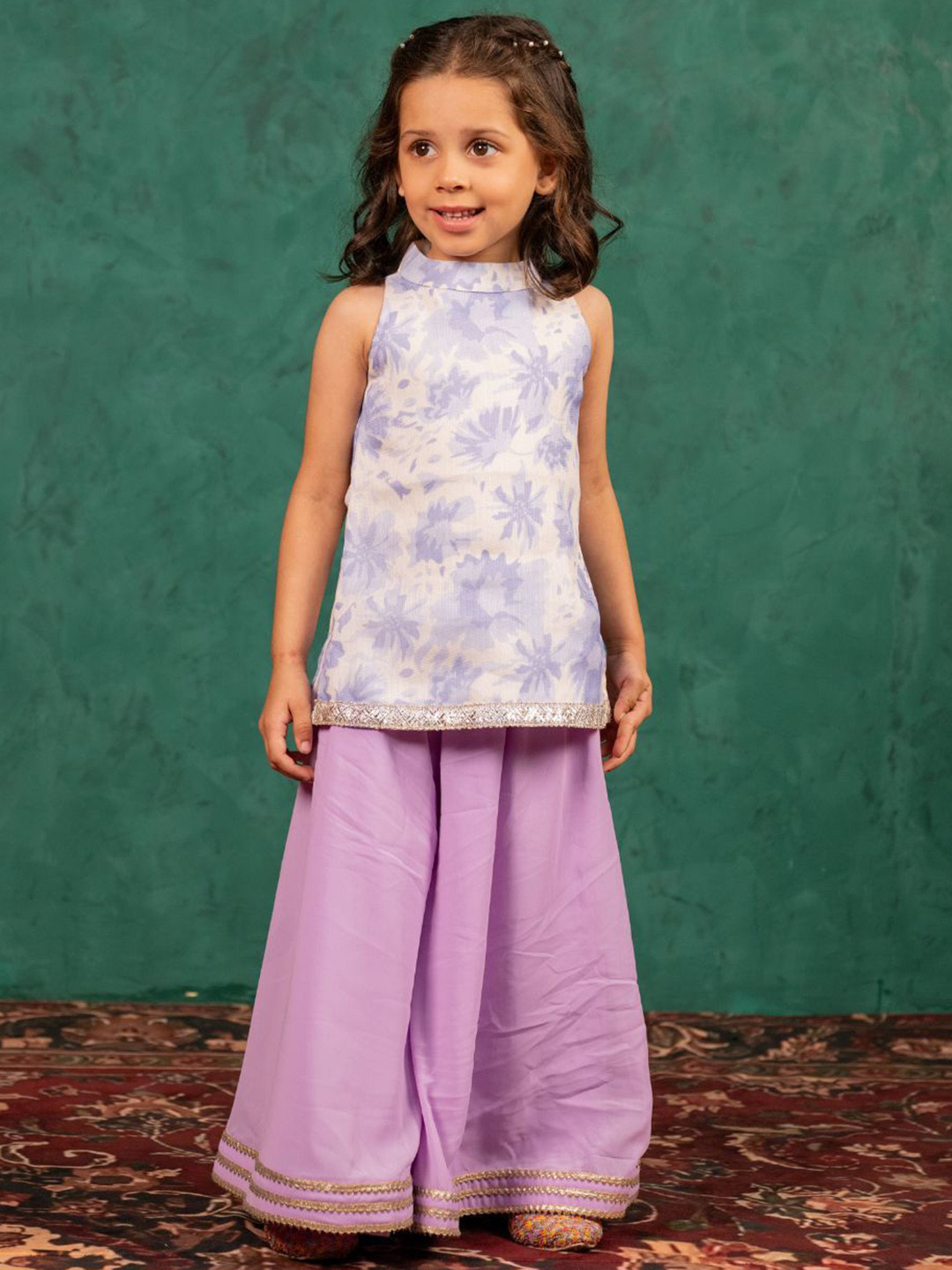 Jilmil Girls Floral Printed Regular Sequinned Kurti with Palazzos