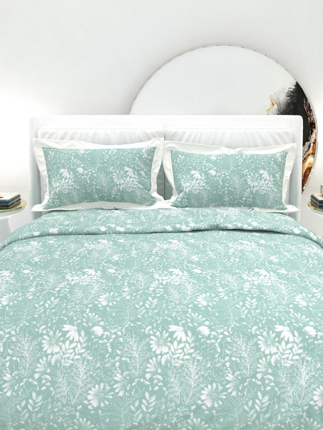 THE WHITE MOSS Green And White Printed Cotton 300 TC King Bedsheet Set-2.75 m x 2.75 m