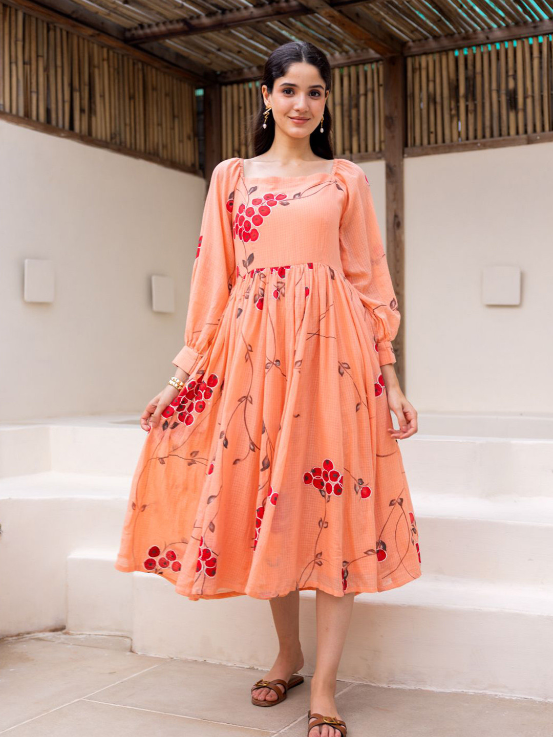 Ambraee Women Floral Print Sqaure Neck Puff Sleeves Fit & Flare Midi Dress