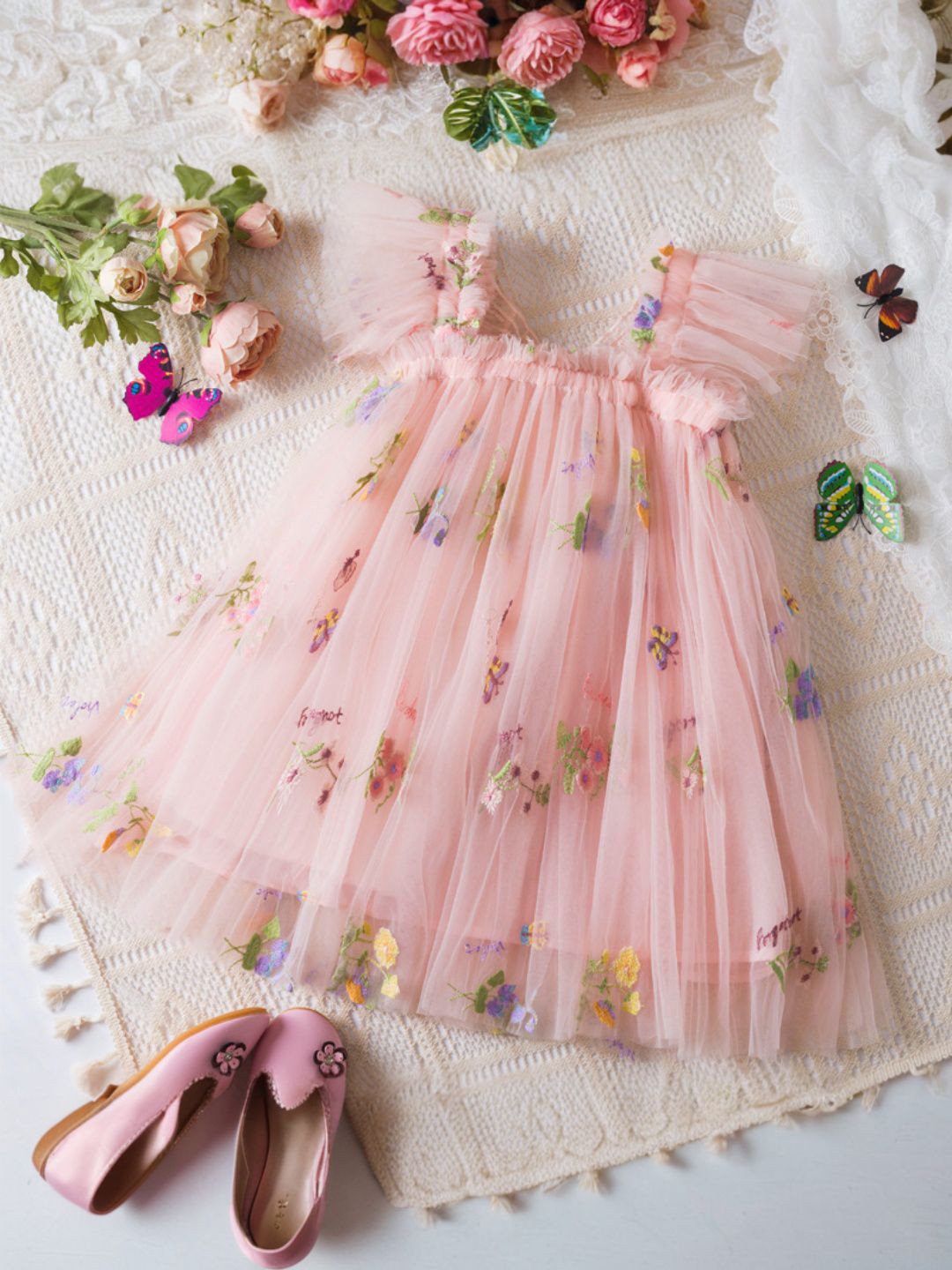 INCLUD Girls Floral Embroidered Flutter Sleeve Tulle A-Line Dress With Appliqued Butterfly