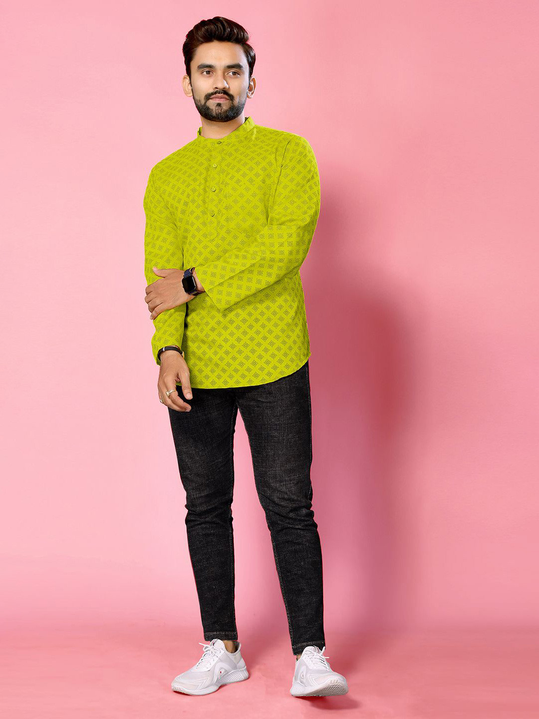 THE FAB FACTORY Floral Printed Band Collar Straight Short Kurta