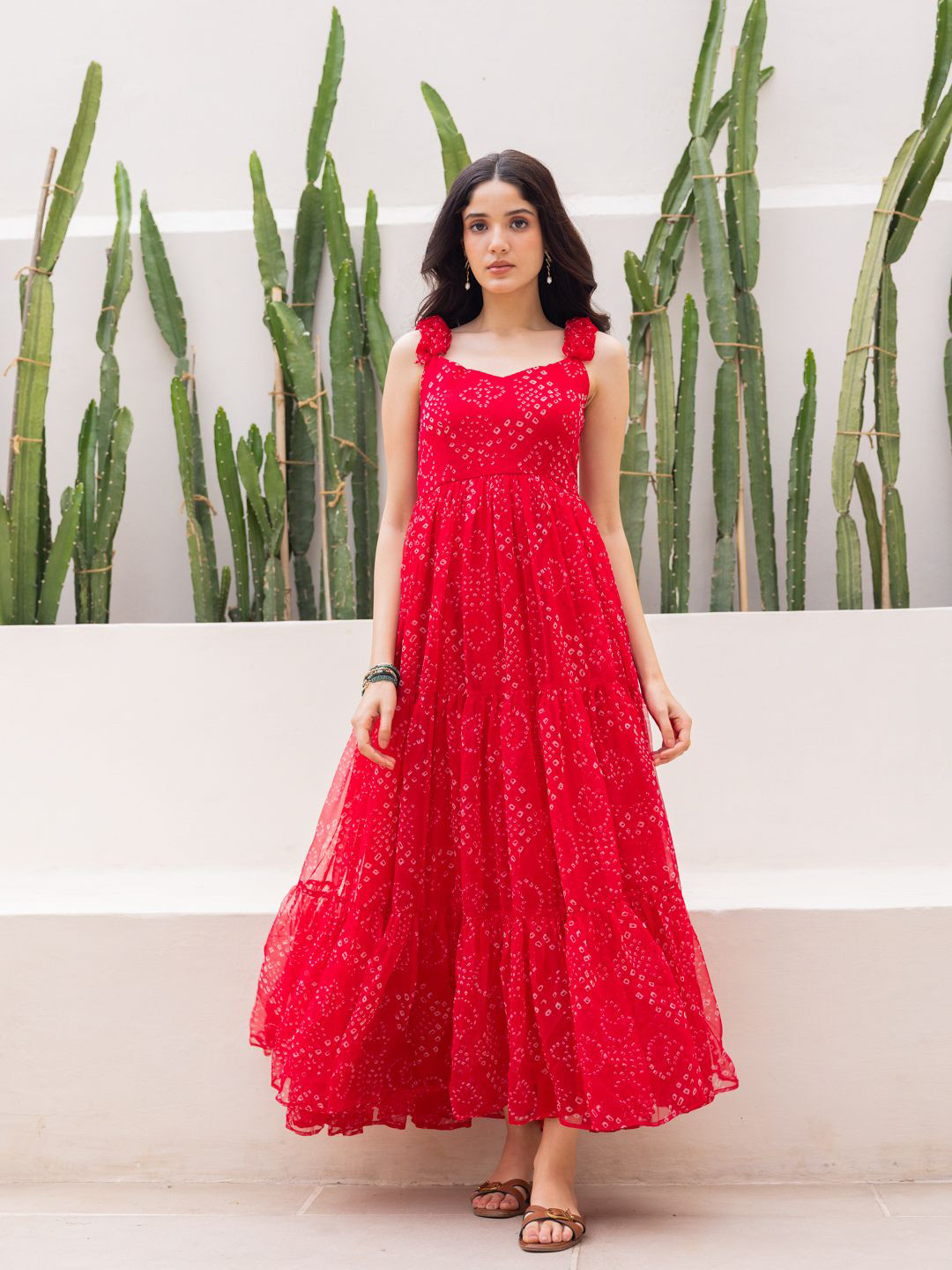 Ambraee Women Bandhani Printed Red Chiffon Fit & Flare Maxi Dress