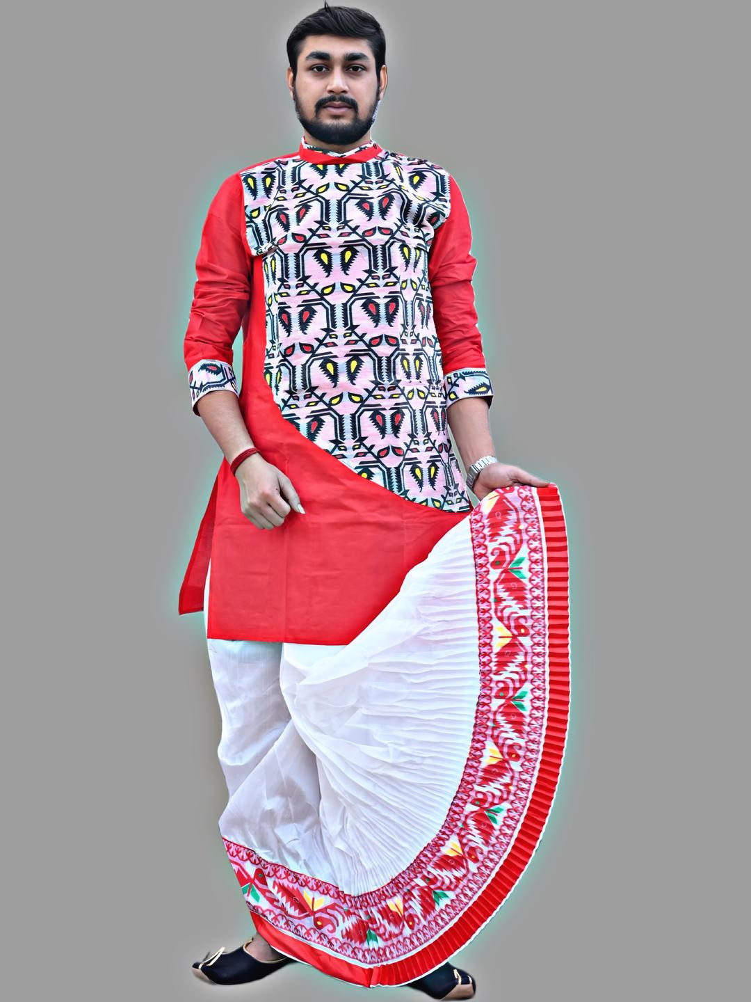 Jamdani Border Ready To wear White Solid Mour Puccho Dhoti For Men
