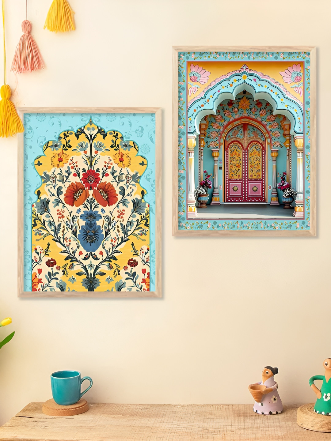 Kotart Turquoise Blue & Yellow 2 Piece Floral and Botanical Wooden Wall Art