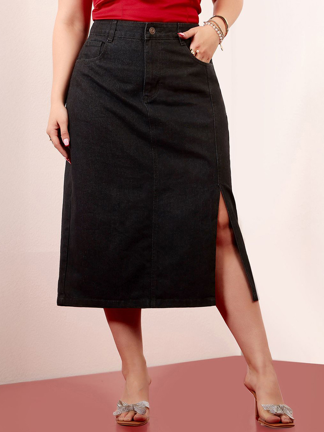 Miss Chase A+ High-Rise Plus Size Straight-Fit Side-Slit Stretchable Midi Skirt
